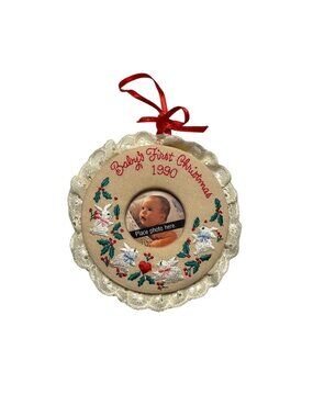 Vintage 1990 Hallmark Babys 1st Christmas Ornament Lace Trim Embroidered Frame